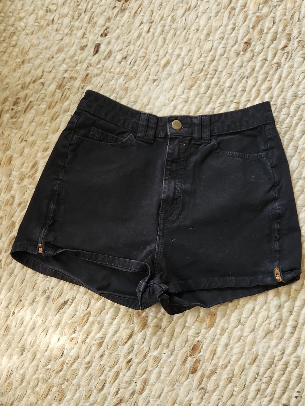 American Apparel Black High-Waist Stretch Denim Shorts with Gold Thigh Zipper